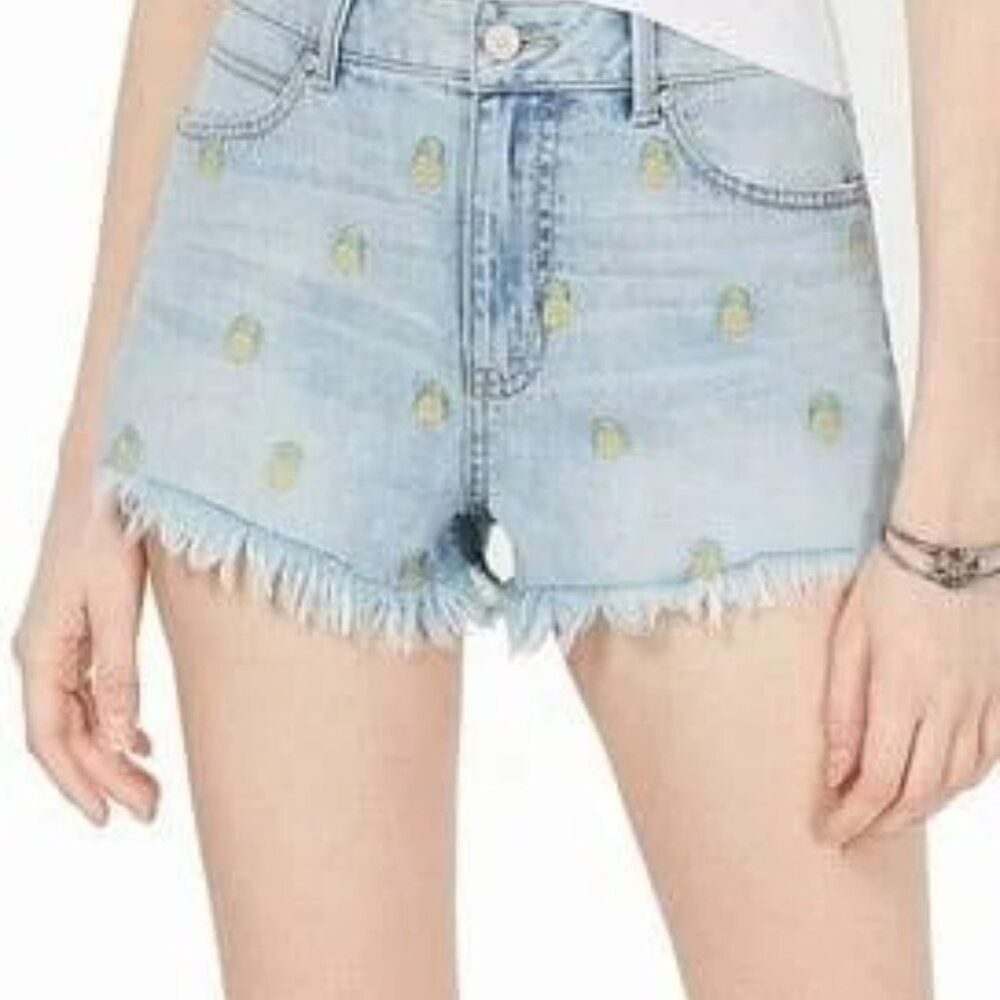 REWASH Pineapple Embroidered Denim Shorts Size 13R Light Wash Raw Hem Stretch